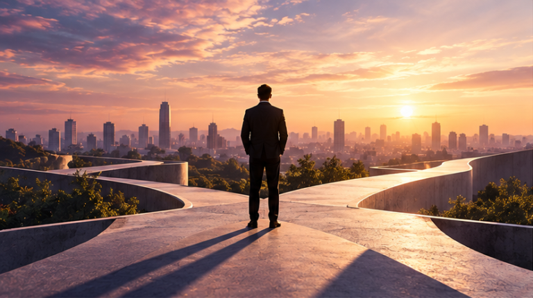 Imagem ilustrativa de um profissional diante de diferentes caminhos, observando a cidade ao pôr do sol.