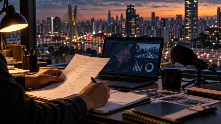 Associação Paulista de Imprensa prepara guia de jornalismo para segurança pública em 2027 Ilustração de uma redação com documentos, microfone e computador diante do horizonte de São Paulo.