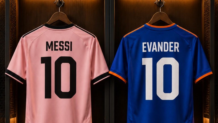 Messi x Evander: Inter Miami recebe Cincinnati em jogo importante para os playoffs Ilustração de duas camisas de futebol de costas, uma rosa com Messi 10 e outra azul com Evander 10.