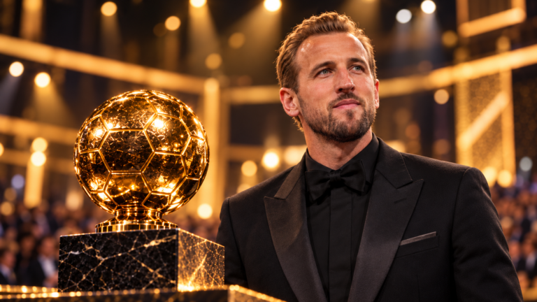 Harry Kane conquista Bola de Ouro de 2026; Messi termina em quinto Ilustração de Harry Kane em uma cerimônia de premiação ao lado de uma esfera dourada simbólica; não é uma fotografia documental.