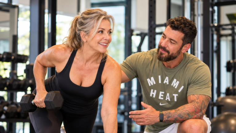 Mulher faz exercício com halter enquanto treinador a orienta em uma academia.