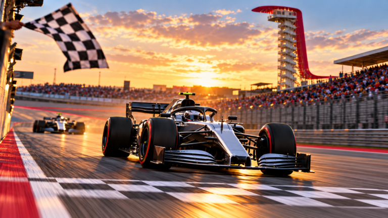 Antonelli vence GP dos EUA e pode garantir título da Fórmula 1 no México Ilustração de um carro de corrida fictício cruzando a linha de chegada em Austin, sem gesto do piloto; não é fotografia do GP dos Estados Unidos.